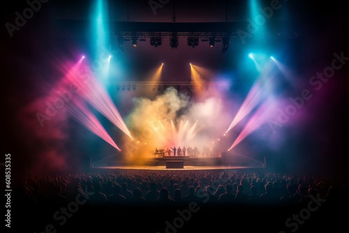 Enchanting Theater Ambiance  Concert Stage Illuminated by Vibrant Spotlights and Smoke Effects  Generative AI.