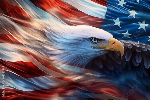 Technology-Enhanced 4th of July Memorial: A Wavy American Flag with an Eagle Symbolizing Strength and Freedom as Independence Day Background, Generative AI.