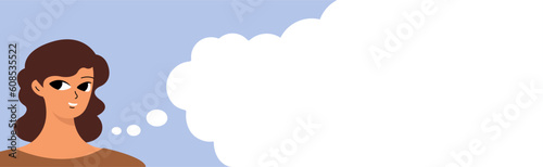 Banner with a talking woman. Cute girlish face. Woman's day concept. Flat vector cartoon design