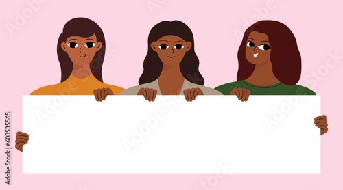 Banner with black women. Different girlish face. Cartoon design