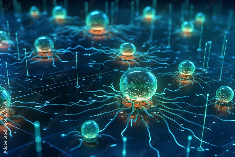 3D illustration of interconnected biotech cells with glowing lines representing their communication pathways 3D illustration of interconnected biotech cells with glowing lines representing their communication pathways