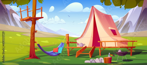 Camp tent and hammock, mountain valley landscape adventure cartoon background. Blue sky, flying birds above travel picnic outdoor with fire and grill. Campsite trekking activity, nature explore design