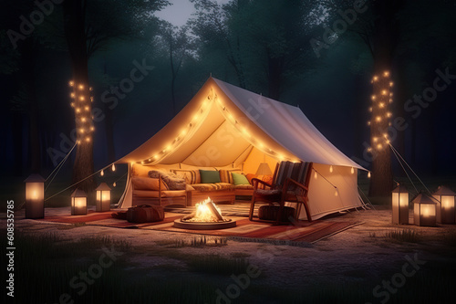 Embrace the Serenity A Cozy Camping Experience with Soft Glow and Nature's Tranquility. created with Generative AI