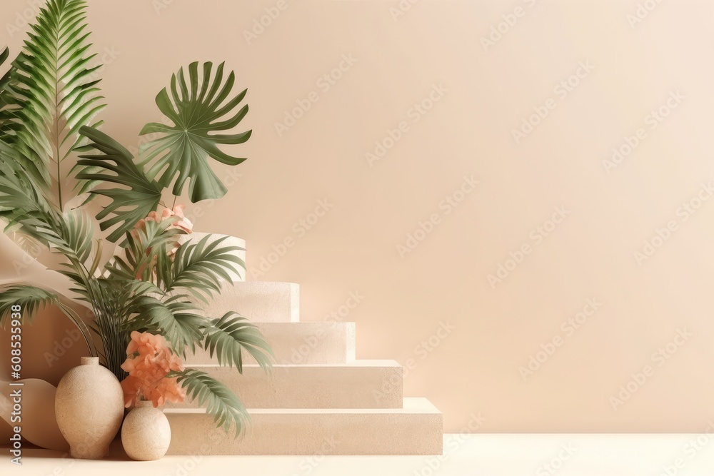 Beige step podium on light beige background for cosmetics presentation with tropical monstera plants. Cosmetic, beauty product promotion mockup. Generative AI Beige step podium on light beige background for cosmetics presentation with tropical monstera plants. Cosmetic, beauty product promotion mockup. Generative AI