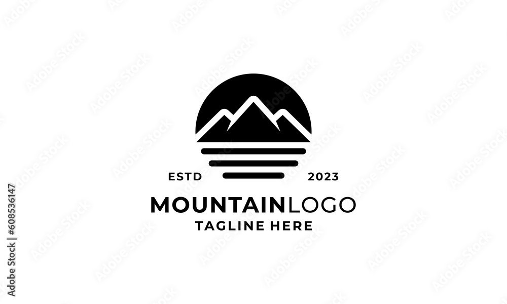 Mountain peak summit logo design. Outdoor hiking adventure icon set. Alpine wilderness travel symbol. Vector illustration. Mountain peak summit logo design. Outdoor hiking adventure icon set. Alpine wilderness travel symbol. Vector illustration.