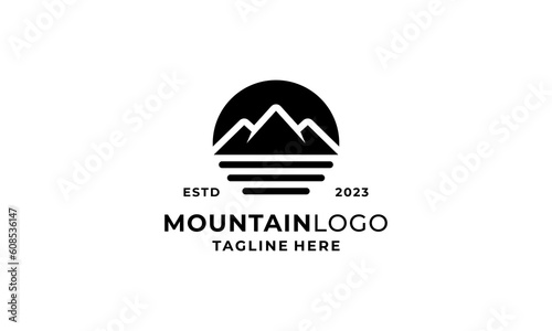 Mountain peak summit logo design. Outdoor hiking adventure icon set. Alpine wilderness travel symbol. Vector illustration.	