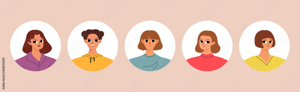 Collection of different people avatars. Round icons with smiling women Collection of different people avatars. Round icons with smiling women