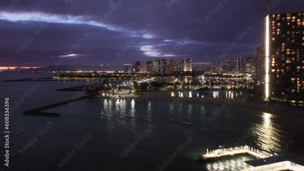 City lights on Hawaii island 4K. Downtown Waikiki beach after sunset. Scenic Honolulu skyline panorama. Aerial view of Oahu city at night scene. Beautiful urban landscape of coastal bay city at dusk City lights on Hawaii island 4K. Downtown Waikiki beach after sunset. Scenic Honolulu skyline panorama. Aerial view of Oahu city at night scene. Beautiful urban landscape of coastal bay city at dusk