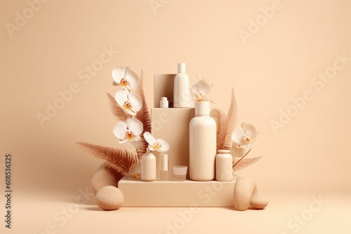 Beige step podium on light beige background for cosmetics presentation with tropical monstera plants and exotic flowers. Cosmetic, beauty product promotion mockup. Generative AI