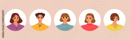 Collection of different people avatars. Round icons with smiling women