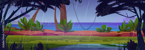 Tropical island coastline with lianas on exotic trees. Vector cartoon illustration of rainforest with green plants, seascape with rocks, blue sky with falling drops, rainy weather, tropic storm