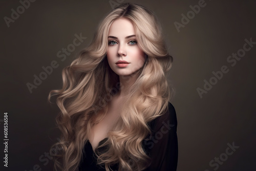 Radiant Blonde Beauty: Captivating Waves and Flowing Mane in a Stunning Studio Portrait