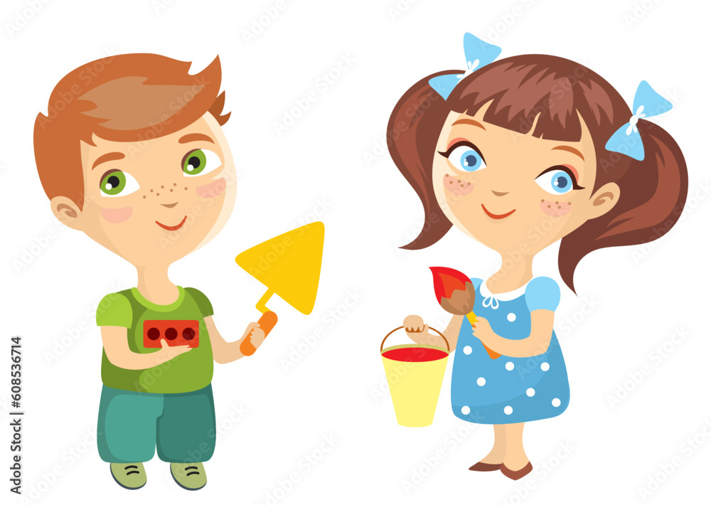 Little builders. Boy and the girl with tools in hands Little builders. Boy and the girl with tools in hands