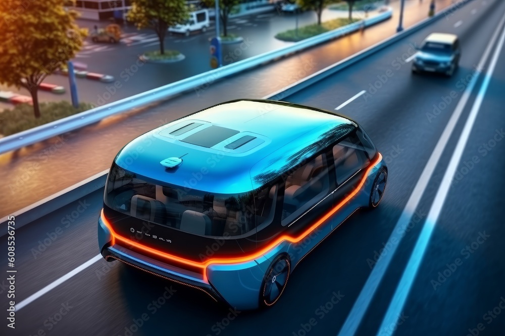 Aerial Drone Following Futuristic Concept Car. Generative AI Aerial Drone Following Futuristic Concept Car. Generative AI