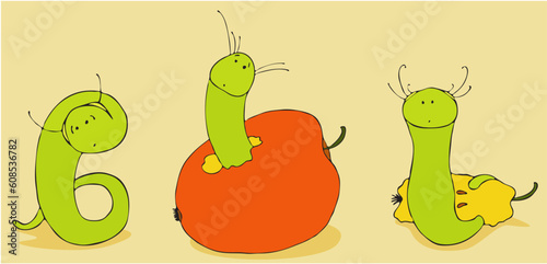Three green amusing worms eat red apples