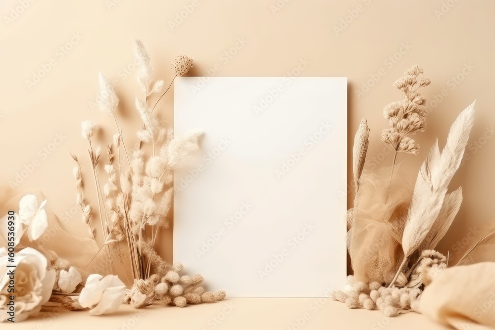 Beige step podium on light beige background for cosmetics presentation with tropical monstera plants and exotic flowers. Cosmetic, beauty product promotion mockup. Generative AI