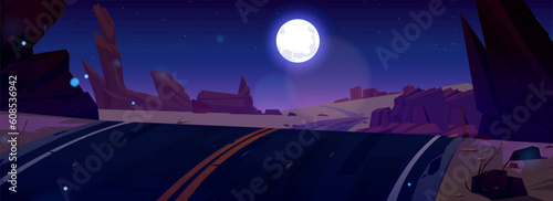 Desert road night landscape vector cartoon background illustration. West arizona canyon scene with rock near highway in sand valley. Africa dry nature scenery with boulder formation, hill roadtrip