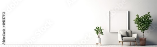 Interior poster mock up with vertical empty wooden frame standing on floor, gray armchair and gree tree in modern white room. Generative AI