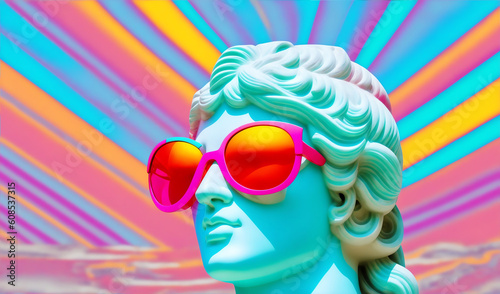Retro vintage neon stripes background with Marble head statue of an ancient Greek god athena with colorful sunglasses from generative AI