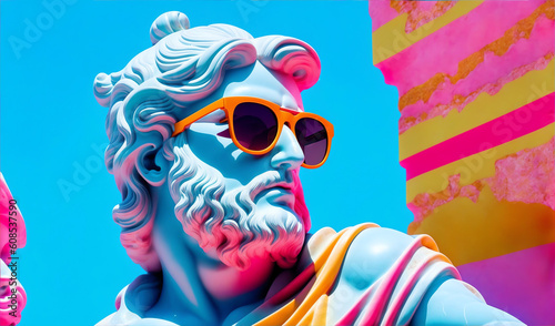 Retro vintage neon stripes background with Marble head statue of an ancient Greek god zeus with colorful sunglasses from generative AI