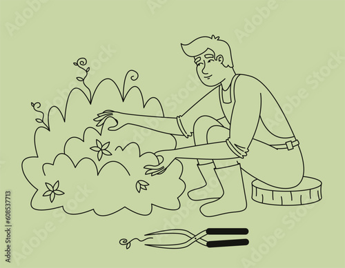 Man pruning bushes. Female person in outline style.