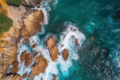 Aerial view of sea waves and fantastic Rocky coast. Generative AI