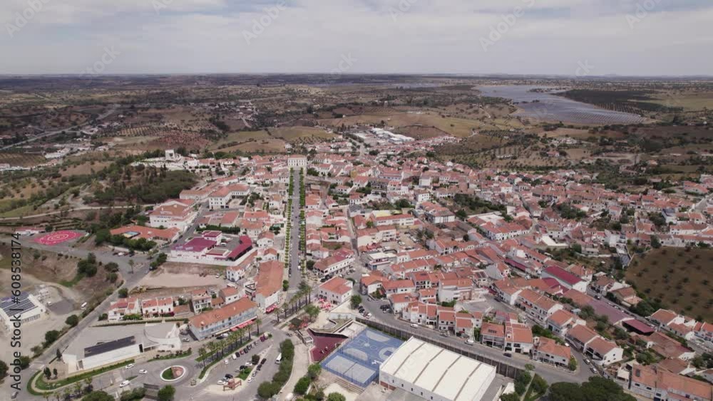 Panoramic view of picturesque Portuguese city of Ourique, Beja. Orbiting aerial shot Panoramic view of picturesque Portuguese city of Ourique, Beja. Orbiting aerial shot