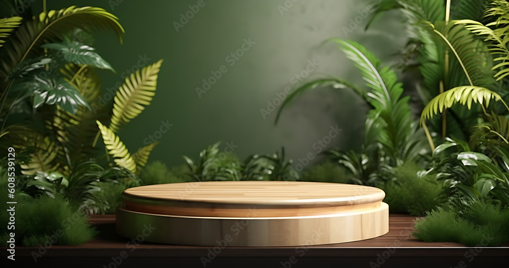 empty table top wood counter podium on grass tropic forest jungle plant blurred dark green background.natural product present placement pedestal promotion display, AI Generative