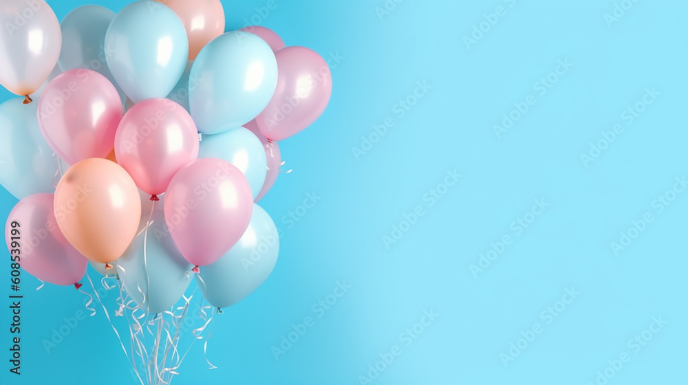 Bunch of balloons on light blue background space for text. 