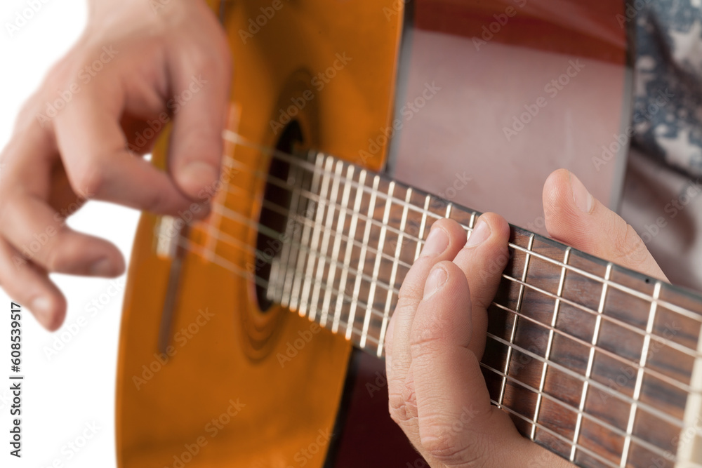 Man Playing Acoustic Guitar, Close-up, Isolated
