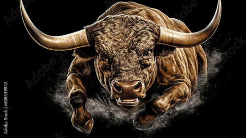 A powerful bull with massive horns in full gallop through a vast open field. Generative ai