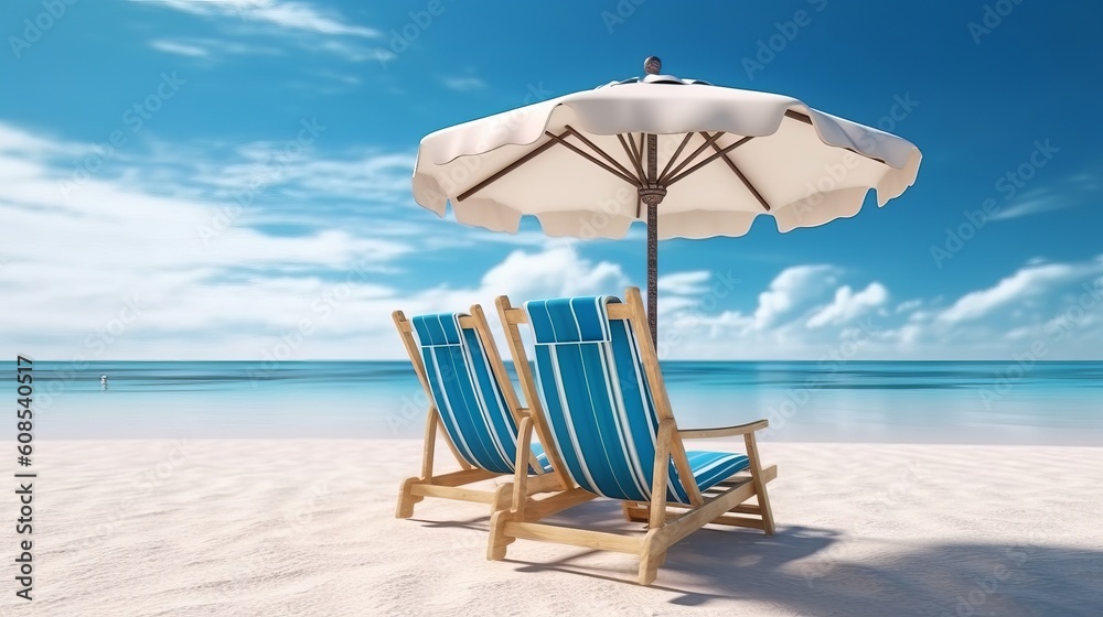 Two beach chairs and an umbrella on a sandy beach with blue ocean waves in the background. Generative ai