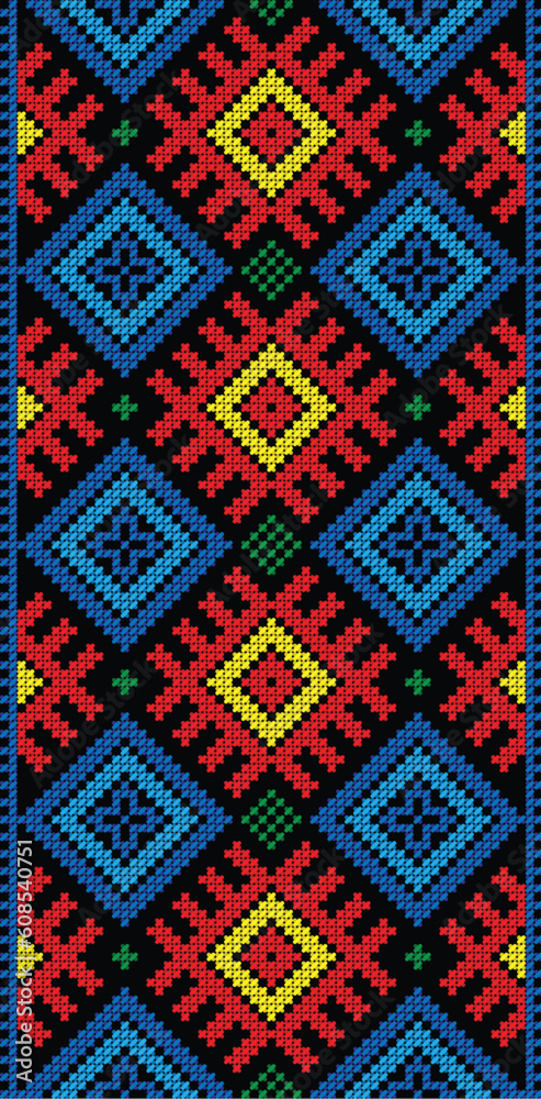 Seamless stripe pattern of Traditional Folk Cross Stitch on black Seamless stripe pattern of Traditional Folk Cross Stitch on black