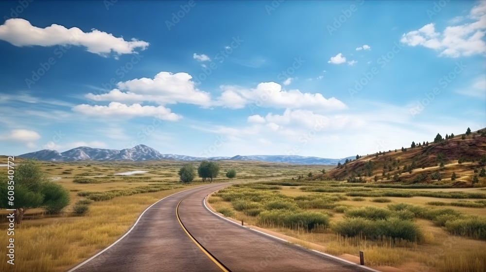 An empty road winding through a vast green field under a blue sky. Generative ai