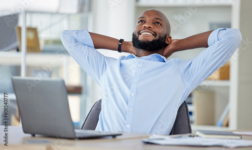 Relax, business and black man stretching, laptop and smile with confidence, project or startup success. Male person, consultant or employee with completed task, .professional or career with happiness