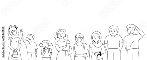 Group of different People stand together, outline doodle cartoon style.