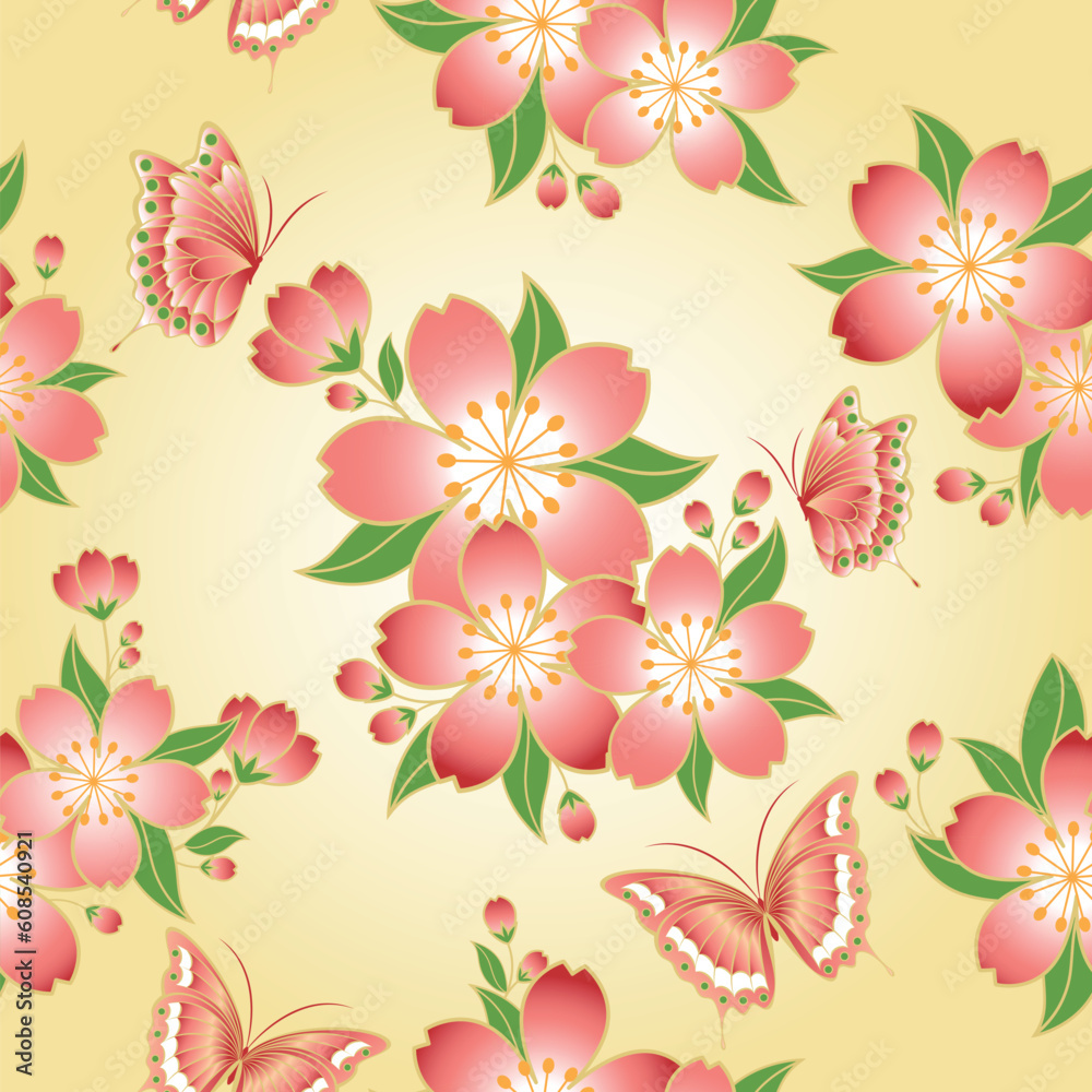 Obraz premium Oriental seamless pattern cherry blossom with butterfly