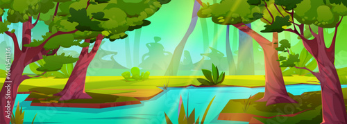 River in jungle forest vector tropical landscape background. Flowing stream water cartoon nature illustration with green grass and wild amazon scenery. Rainforest game scene design with sun beam