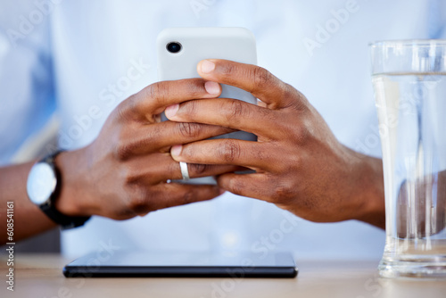Hands, smartphone and typing, social media and chat online with communication, technology and contact. Closeup of person scroll notification, using phone and mobile app with internet and connectivity