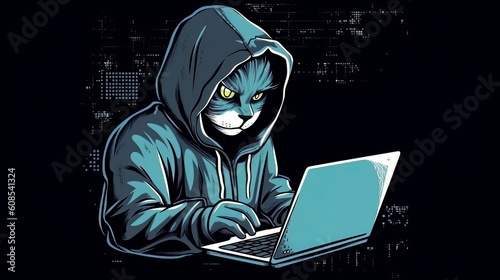 Illustration of Cat hacker with laptop. Generative ai