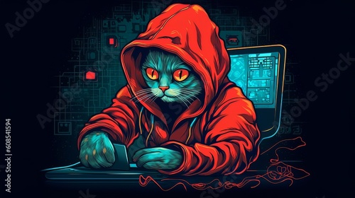 Illustration of Cat hacker with laptop. Generative ai