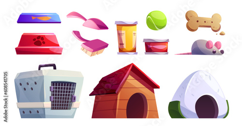 Pet shop interior isolated vector cartoon clipart. Animal toy and food indoor supermarket to buy clipart. Petshop business with domestic puppy goods and supplies. Doggy sleep and bone, cat carrier