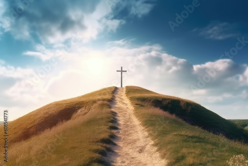 Path with stairs leading to Christian cross on hill. Happy easter. Christian symbol of faith. Generative AI
