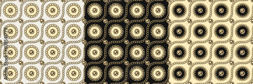 Set of patterns with circles, wavy diagonal lines. Elements of realistic jewelry gold chains, beads. Classic jewelry background for packaging, fabric, textile, surface design