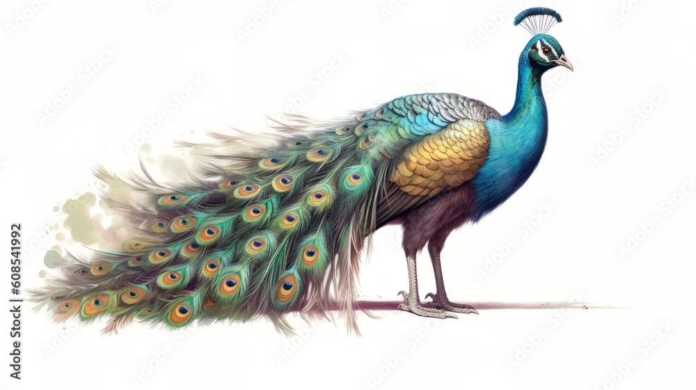 Fototapeta premium A majestic peacock displaying its colorful feathers on a plain white background. Generative ai