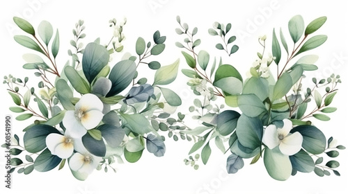Greenery wedding invitation flower with hand drawn on white background. 