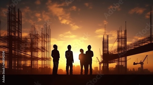 Silhouette of Engineer and worker checking project at building site background, the construction site at sunset in the evening time. Generative AI.