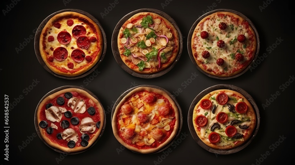 Six delicious pizzas on top of baking pans. Generative ai Six delicious pizzas on top of baking pans. Generative ai