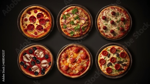 Six delicious pizzas on top of baking pans. Generative ai