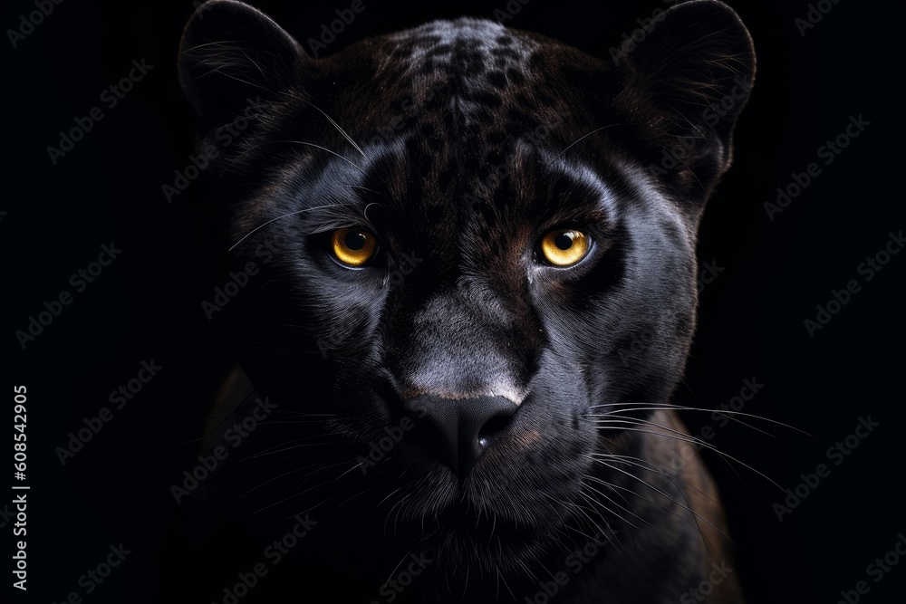 Black panther close-up face on black background. Generative AI